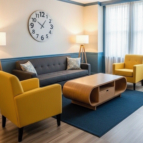 A bright, accessible living room in a Studio of Hope apartment.